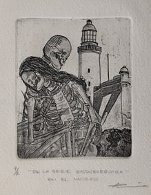 Original Etching Skeleton Singer Halloween P/A Signed Artist