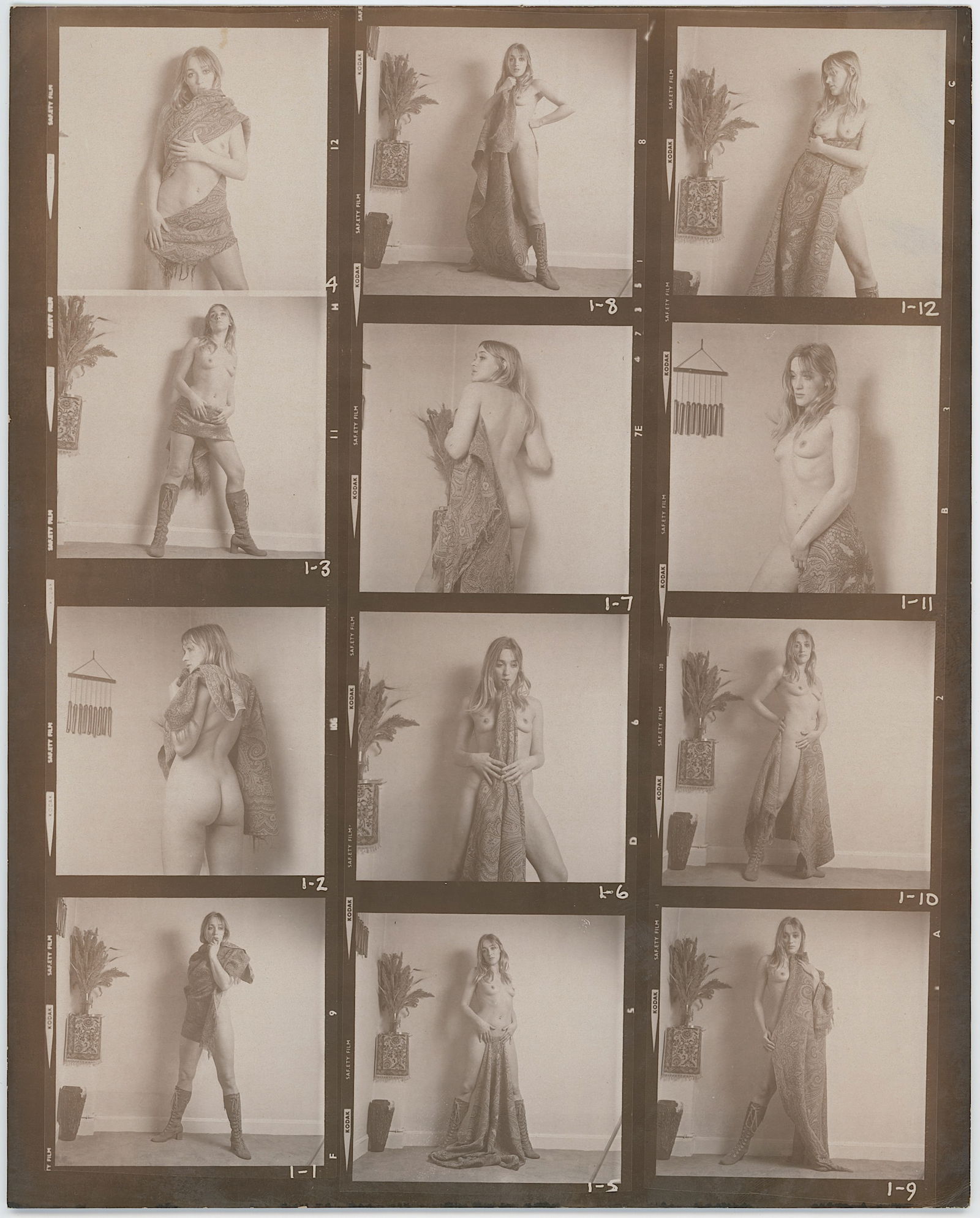 Vintage BRUCE WARLAND Original Contact Sheet Photo Nude Stamped: This original contact sheet by British Photographer Bruce Warland is from the Hippy Era 1960s - 1970s. The name of the Pin Up model was hand written on the back. This lot is coming from the estate of
