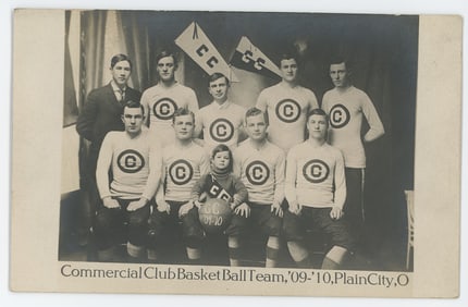 Antique  Photo Postcard Basketball Team, Plain City 1909-1910