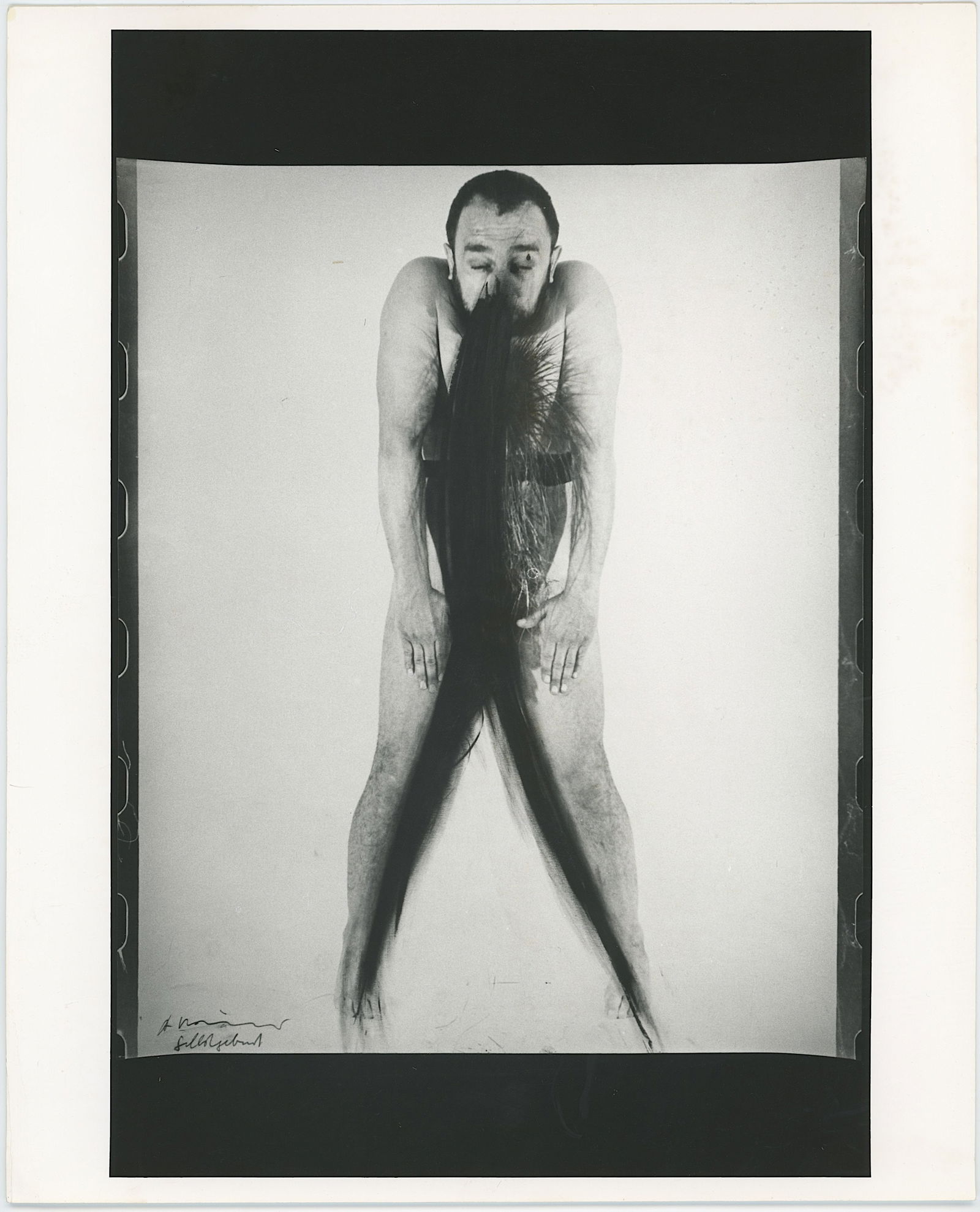 Arnulf Rainer Vintage Original Glossy Gelatin Print (c. 1960s): Rudolf Schwarzkogler (1940-1969) was an Austrian performance artist closely associated with the Viennese Actionism group that included artists Günter Brus, Otto Mühl, and Hermann Nitsch. He was born