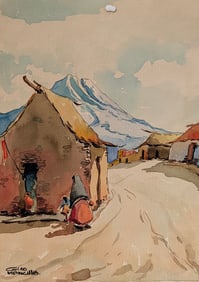 Vintage Latin American Watercolor Art Mexican Adobe House