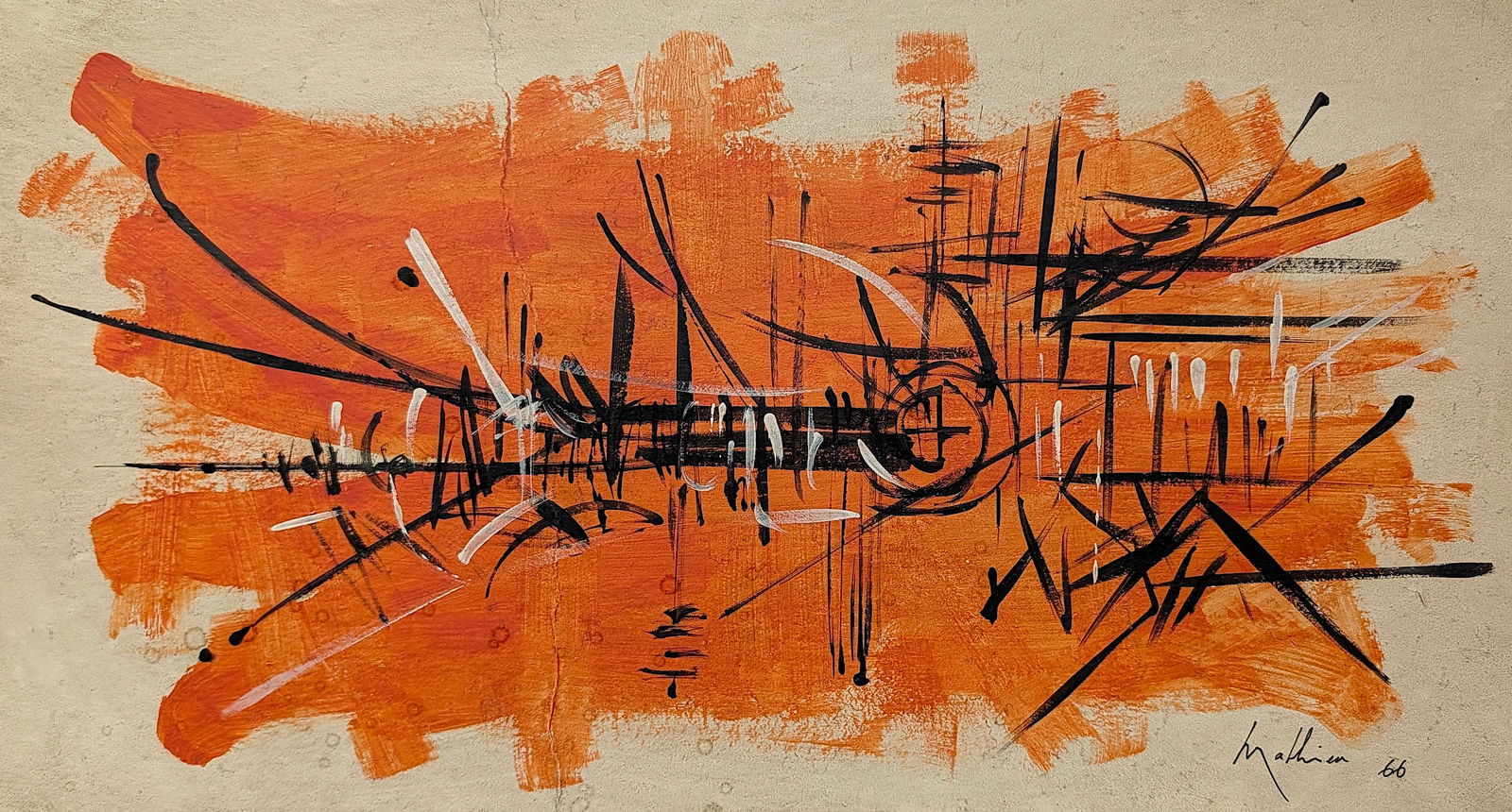GEORGES MATHIEU (1921-2012) Abstract Oil on Cardboard, 1966: ABOUT PROVENANCE AND ATTRIBUTION: This item originates from the estate of a prominent Miami-based dealer and collector active throughout the 20th century. It comprises a wide variety of artworks and e