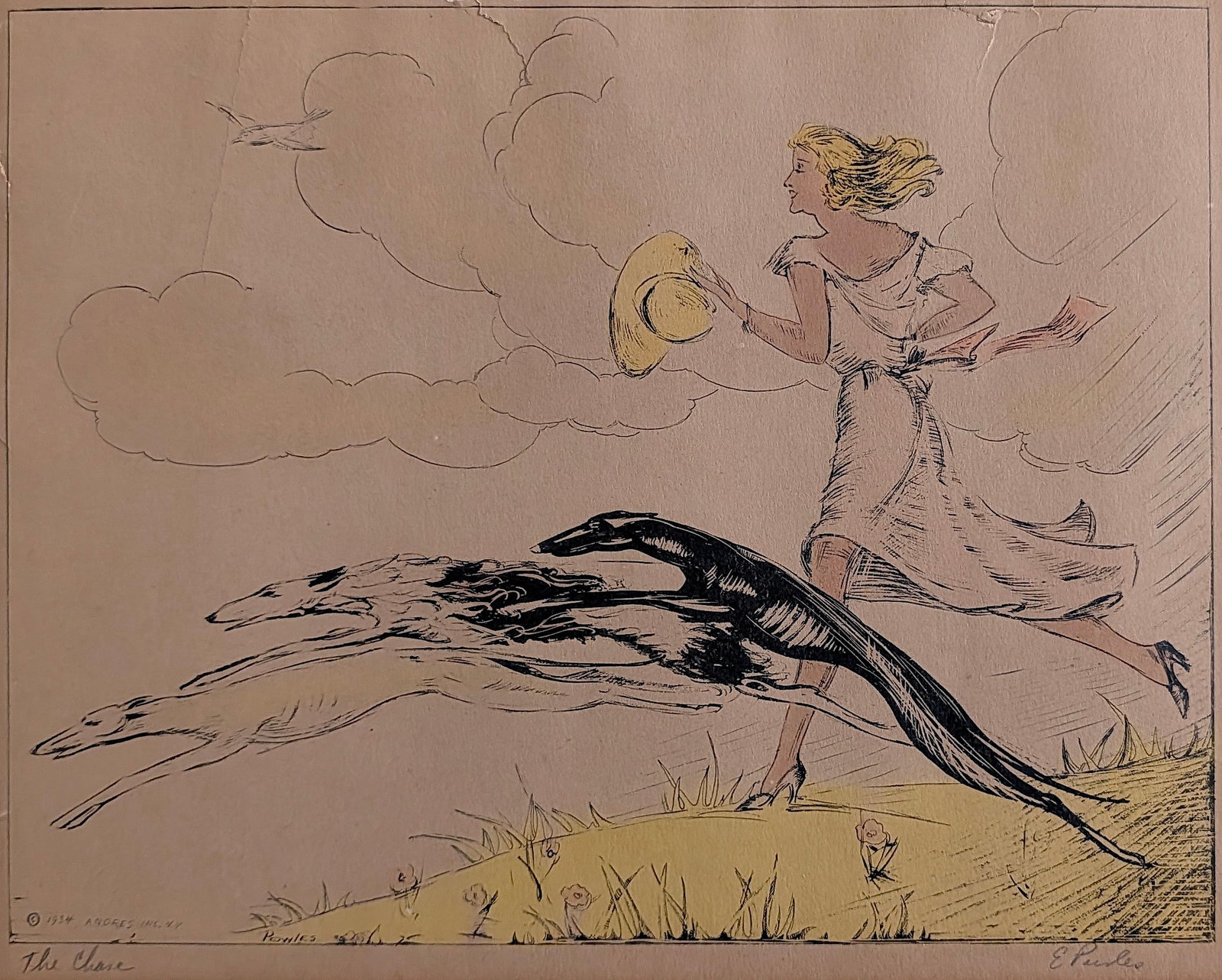 Antique Colored Print Lady with Greyhounds, Signed 1934: ABOUT PROVENANCE AND ATTRIBUTION: This item originates from the estate of a prominent Miami-based dealer and collector active throughout the 20th century. It comprises a wide variety of artworks and e