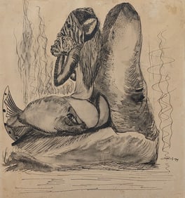Vintage 1994 Ink WC Drawing Surrealism Composition, Signed