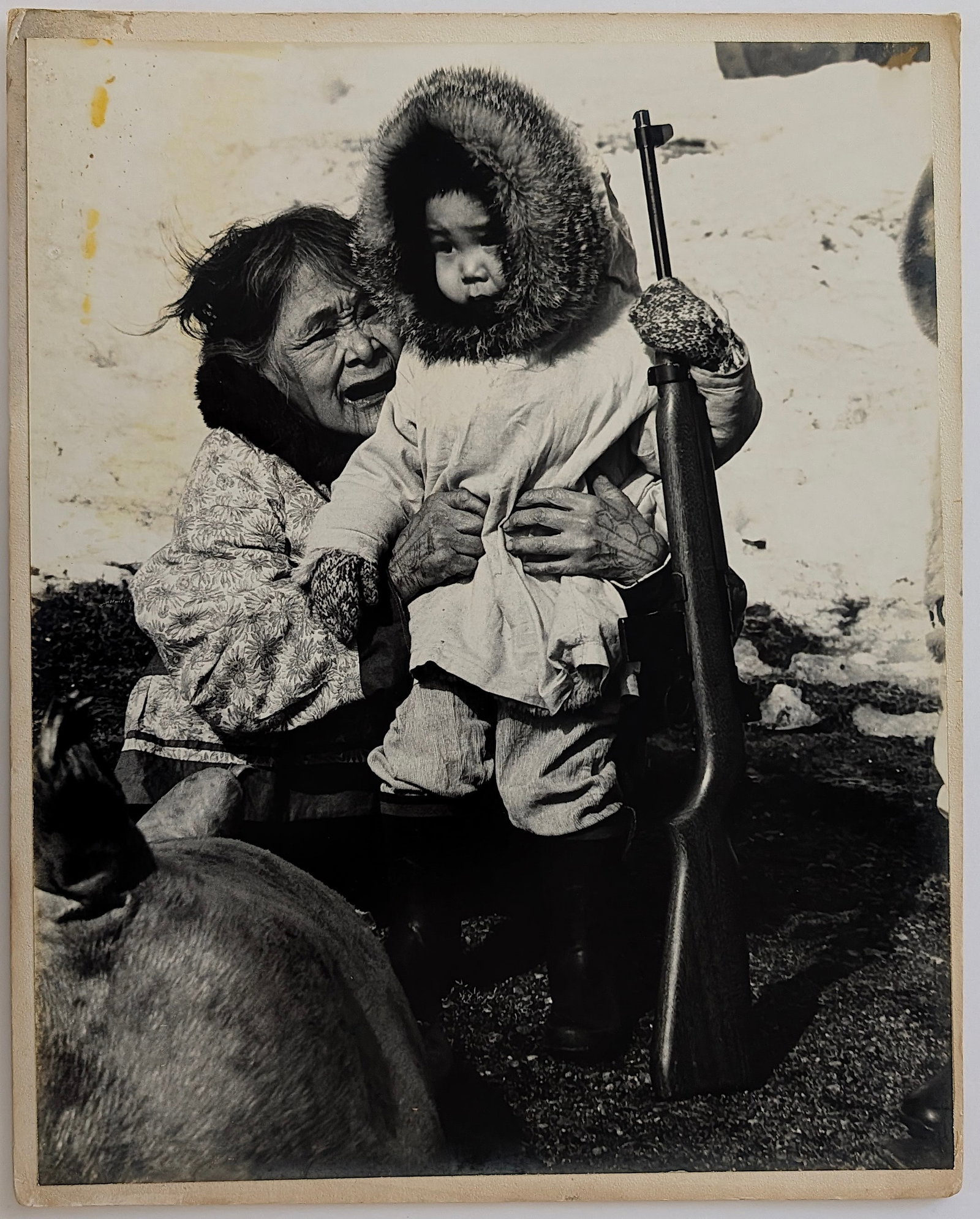 Original Vintage Photo Eskimo Mother with Boy and Weapon: The dimensions are Approx. 20" x 16". This lot is coming from the estate of a collector in South Florida. We have included quality images to show it's actual condition. This lot is located in Boca Rat