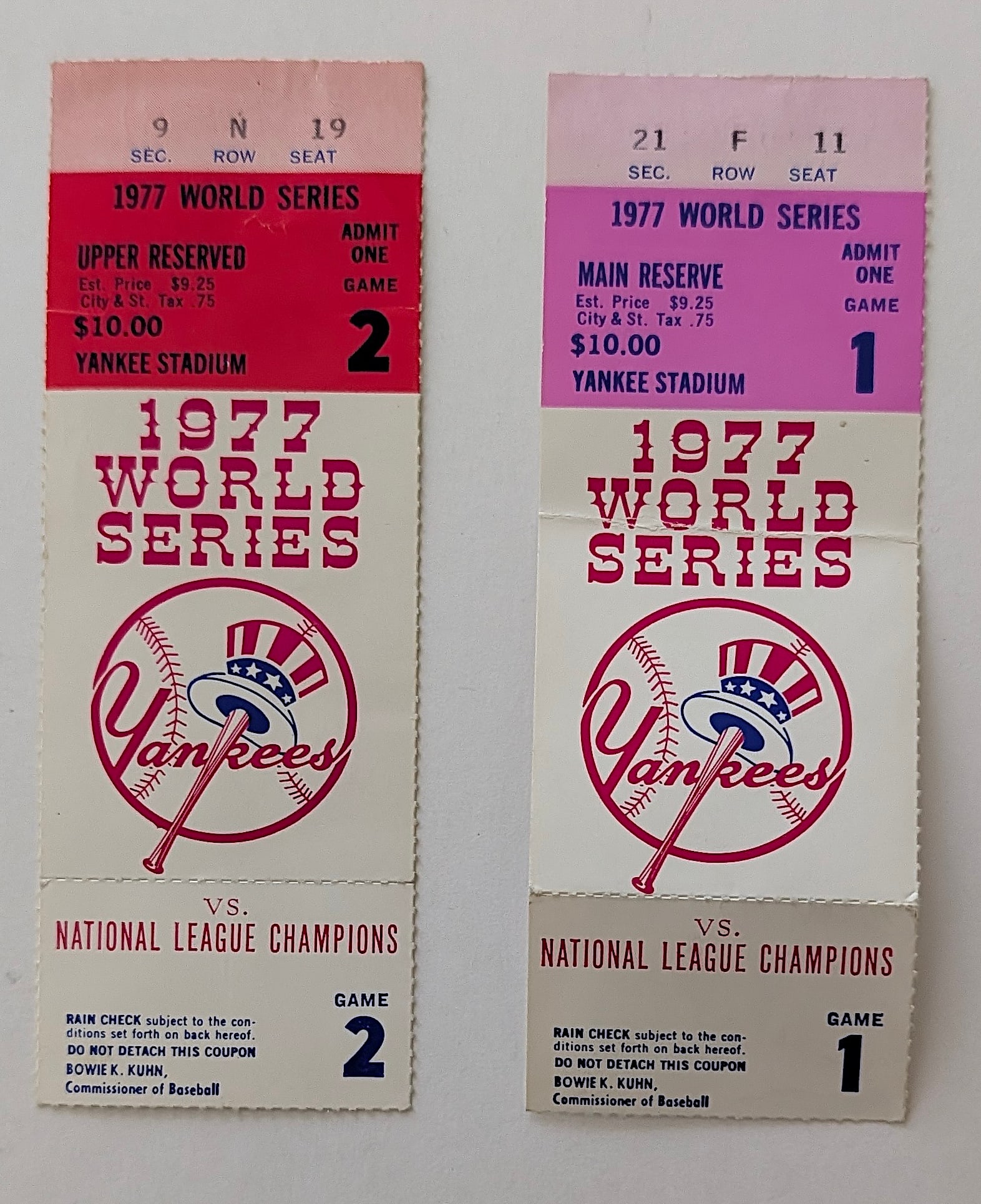 1977 World Sries Games 1 & 2 Tickets Pair - Yankees vs NL: This lot is coming from the estate of a collector in South Florida. We have included quality images to show it's actual condition. This lot is located in Boca Raton, Fl and its shipment will be made d