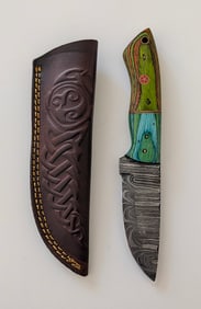 Handcrafted Heirloom Damascus Steel Knife with Leather Sheath OPP!