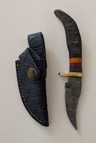 Handcrafted Heirloom Damascus Steel Knife with Leather Sheath OPP!