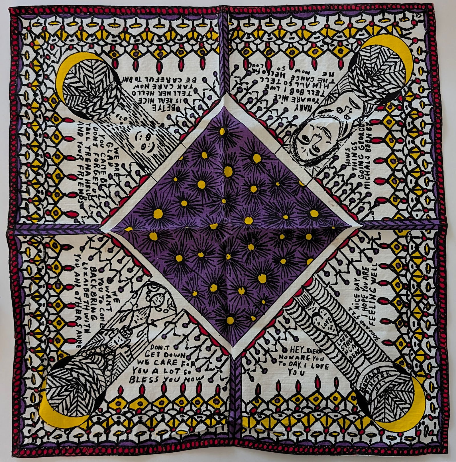 Howard Finster (1916 - 2001) handkerchief 20" x 20", 1984: From the estate of Mr. Ira Licht (1938–2023) — a distinguished art historian, curator, and museum director. Mr. Licht was educated at Columbia College, where he studied art history. He later serve