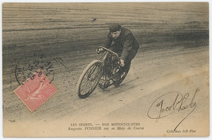 Antique Photogravure PC Auguste Fossier on his Racing Motorcycle