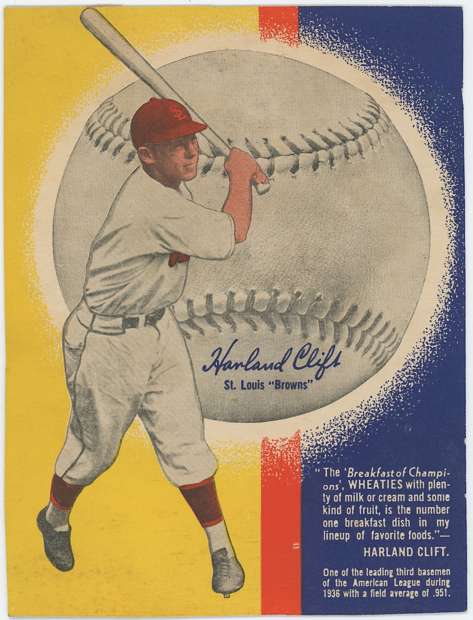 Vintage 1937 Wheaties Baseball Cutout Card HARLOND CLIFT (1 of 1)