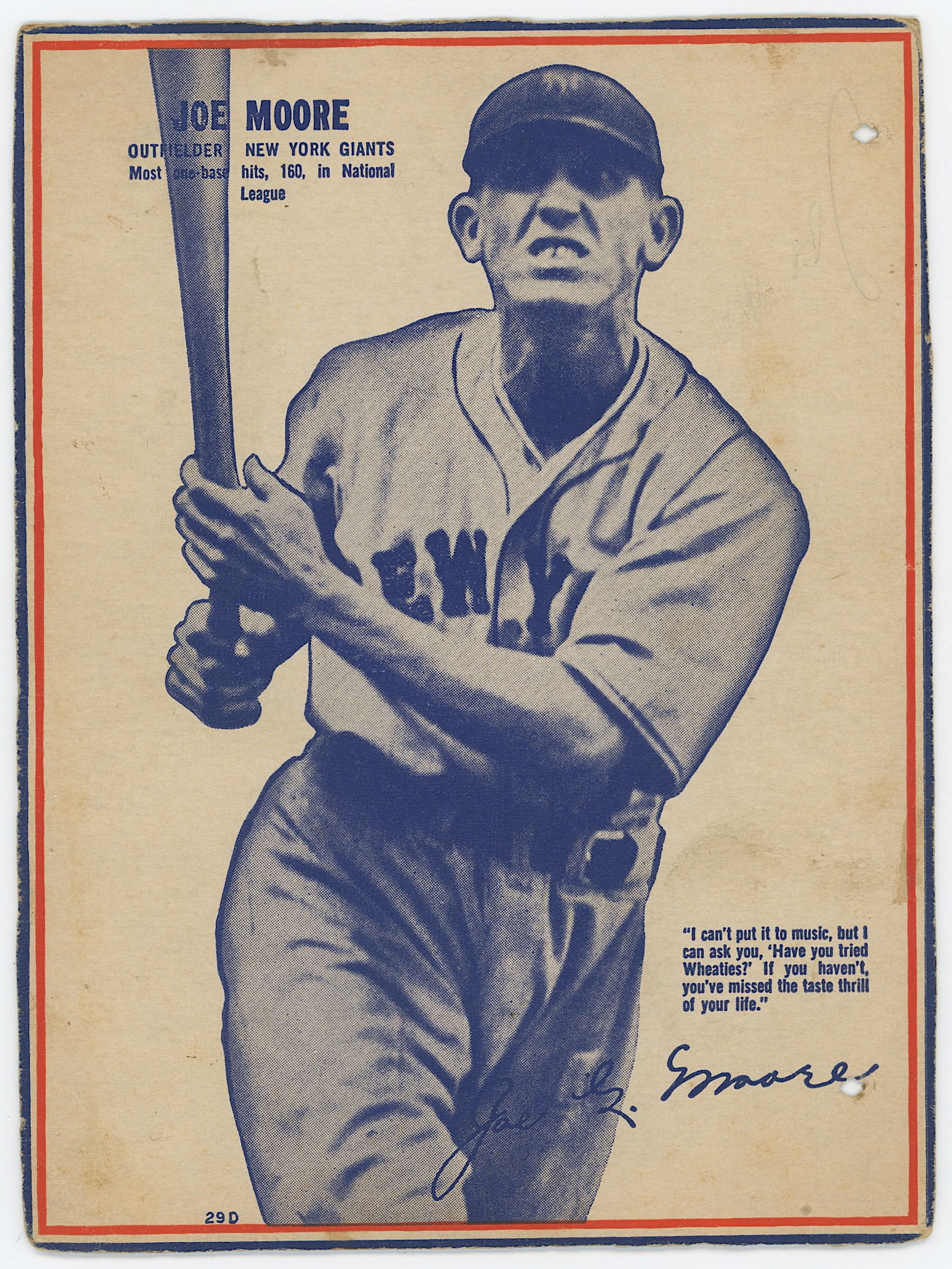 Vintage 1937 Wheaties Baseball Cutout Card JOE MOORE - NY GIANTS (1 of 1)