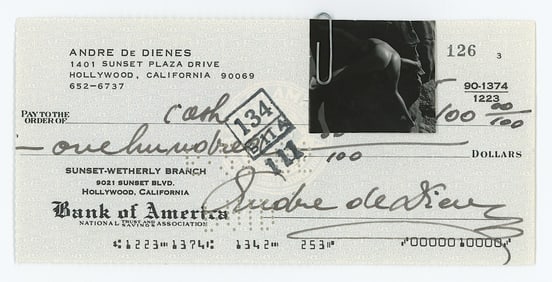 Vintage ANDRÉ DE DIENES Hand Signed Bank Check & Photo
