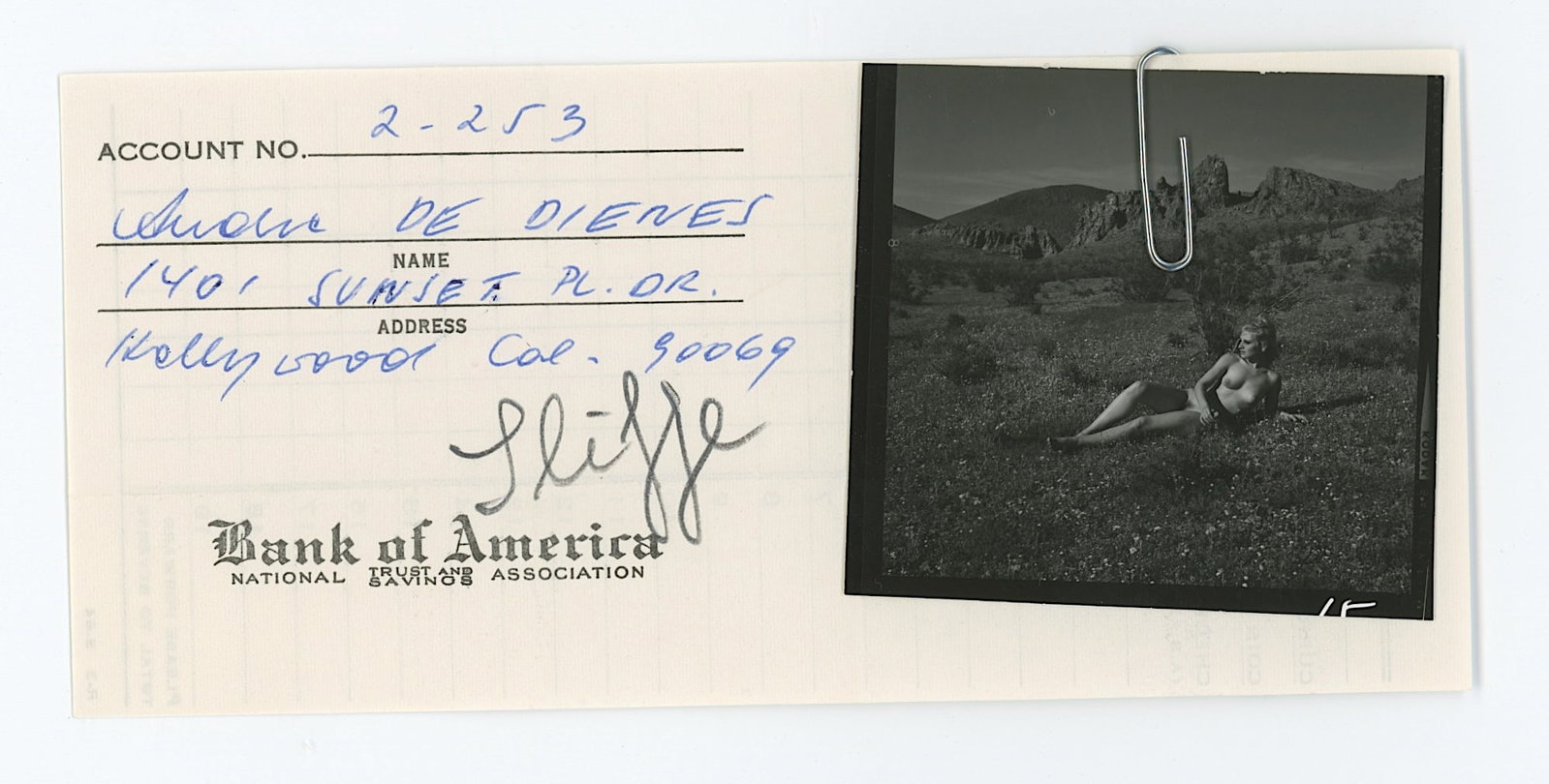 Vintage ANDRÉ DE DIENES Hand Signed Bank Deposit & Photo: The provenance of this lot is from the estate/archives of notable photographer André de Dienes (Hungarian 1913 - 1986) in CA. André de Dienes is a well-known photographer, especially recognized for 