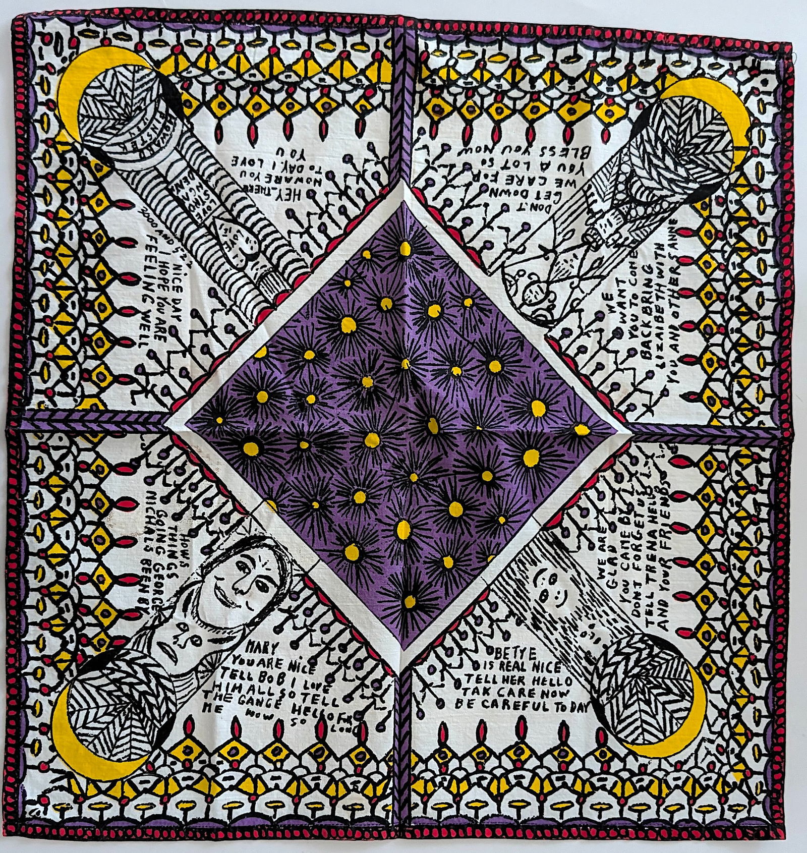 Howard Finster (1916 - 2001) handkerchief 20" x 20", 1984: From the estate of Mr. Ira Licht (1938–2023) — a distinguished art historian, curator, and museum director. Mr. Licht was educated at Columbia College, where he studied art history. He later serve