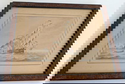 Antique Watercolor Painting of 18th C. Vessel Statenjacht