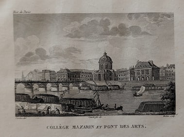 Antique engraving - The Collège Mazarin and the Pont des Arts in Paris.