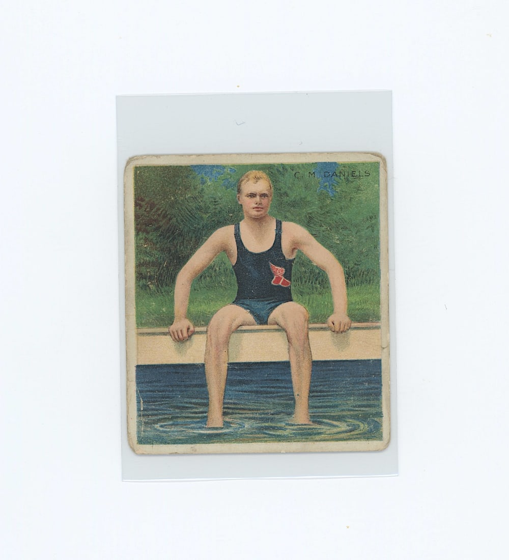 1910 Mecca tobacco trading card swimmer Charles "C.M." Daniels: The provenance is from the estate of a deceased collector in South Florida. We have included quality images to show it's actual condition. This lot is located in Boca Raton, Fl and its shipment will b