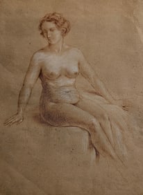 Vintage Sanguine Drawing with Female Figure on Paper Unsigned