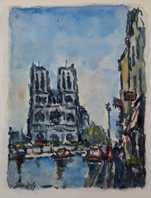 JEAN DUFY (1888 - 1964) Watercolor Notre Dame Cathedral in Paris