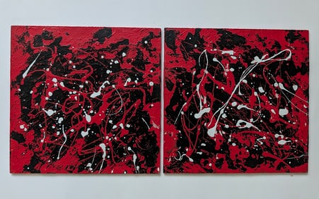 Pair of Red Compositions on Masonite in Style of JACKSON POLLOCK