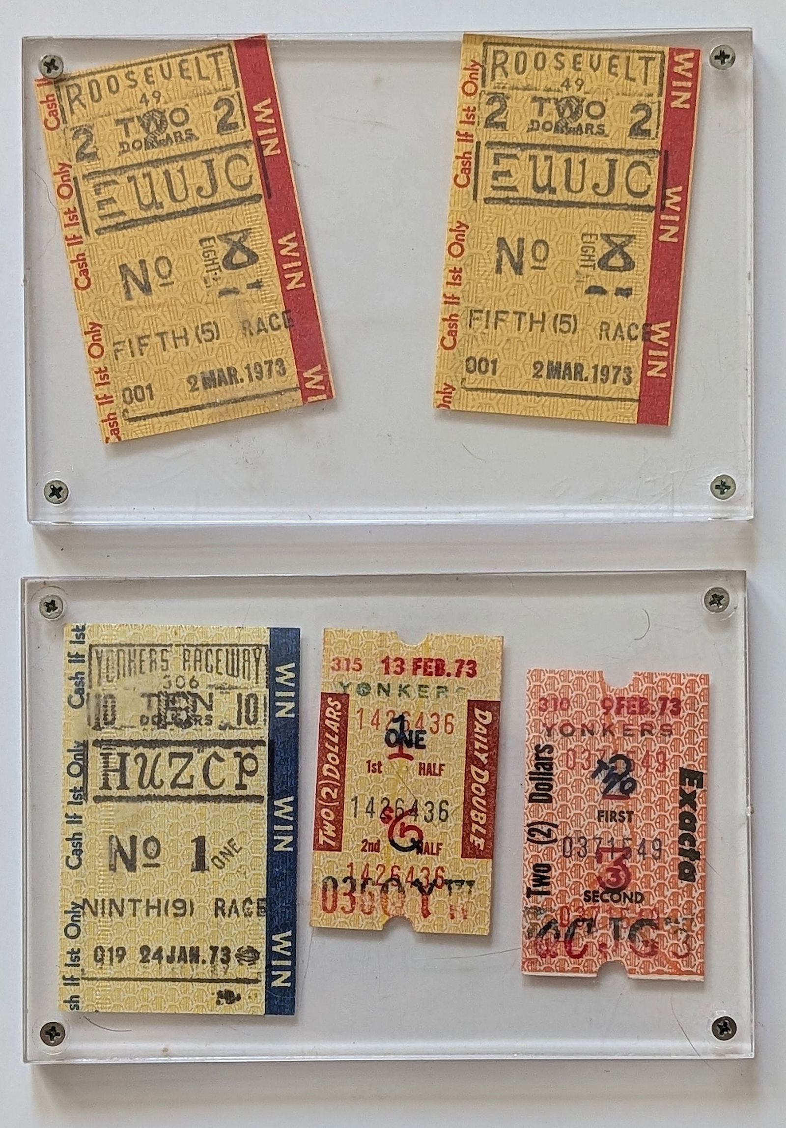 Vintage Set Ephemera Horse Racing Tickets, 1973: The provenance is from the estate of a deceased collector in South Florida. We have included quality images to show it's actual condition. This lot is located in Boca Raton, Fl and its shipment will b
