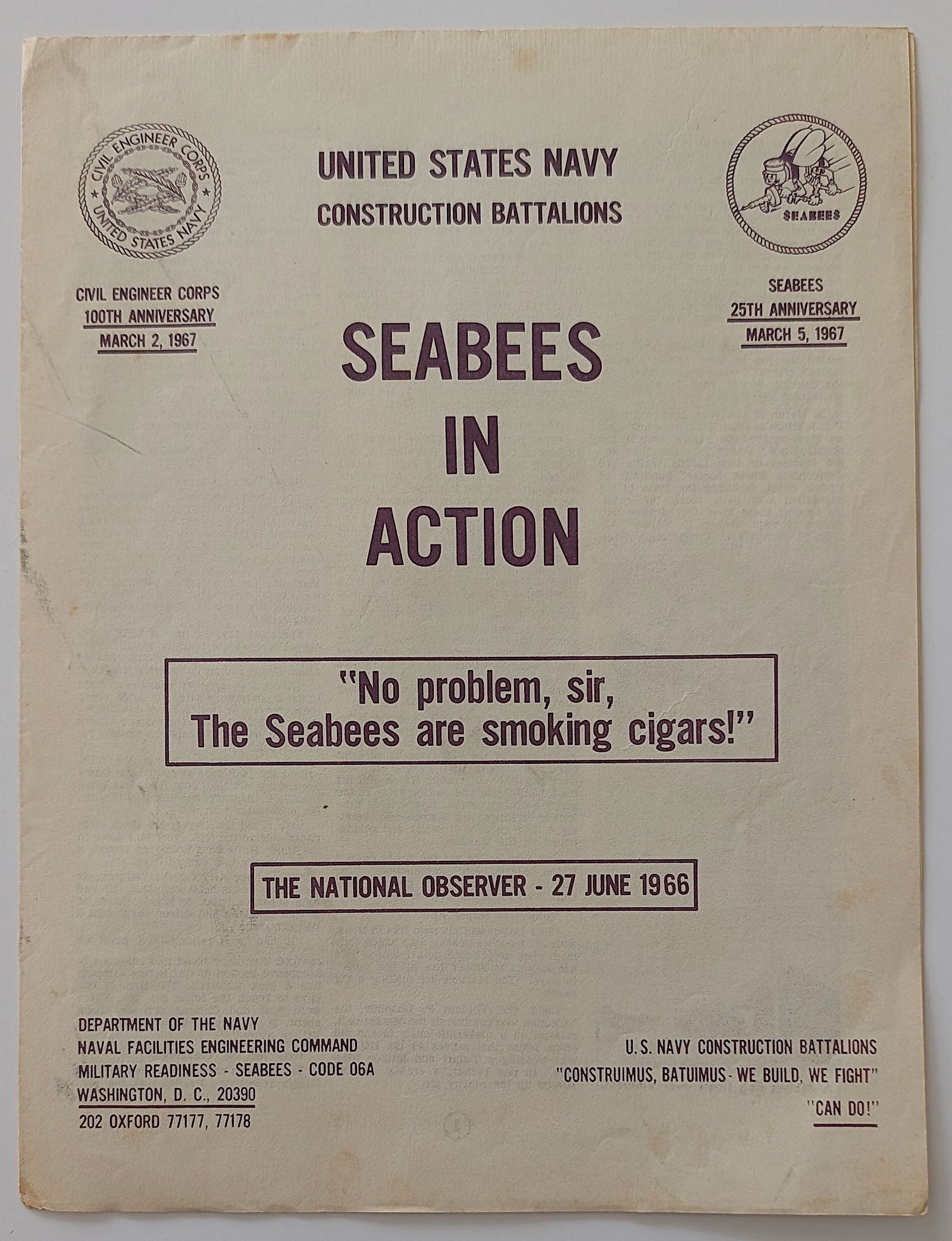 Scarce Original (No Reprod.) Ephemera SEABEES Civil Eng. Corps, US Navy: The provenance is from the estate of a deceased collector in South Florida. We have included quality images to show it's actual condition. This lot is located in Boca Raton, Fl and its shipment will b