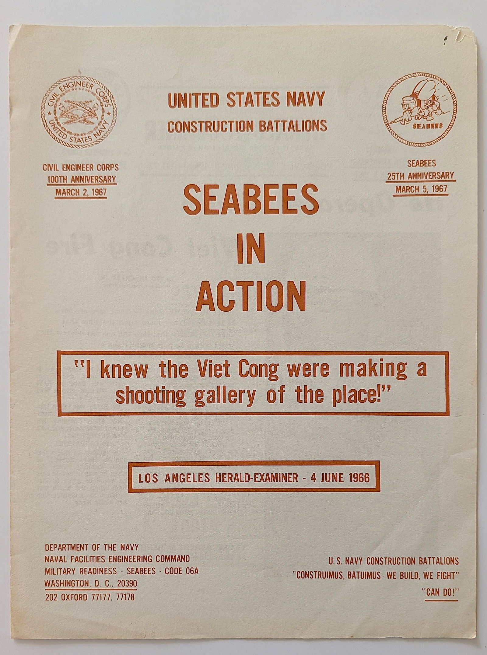 Scarce Original (No Reprod.) Ephemera SEABEES Civil Eng. Corps, US Navy: The provenance is from the estate of a deceased collector in South Florida. We have included quality images to show it's actual condition. This lot is located in Boca Raton, Fl and its shipment will b