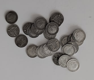 Vintage Set Approx. 35British George V Silver Three Pence Coins