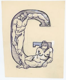 Vintage Hand Painted Pen Drawing of a Decorated Letter