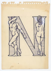 Vintage Hand Painted Pen Drawing of a Decorated Letter
