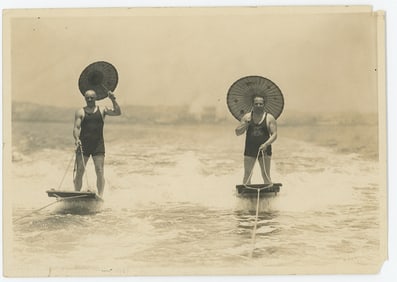 Antique VELOX Photograph Water Skiing or Aquaplaning in 1920s