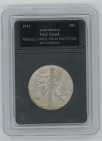 Authent. 1943 Walking Liberty Silver Half Dollar, graded as "Very Good"