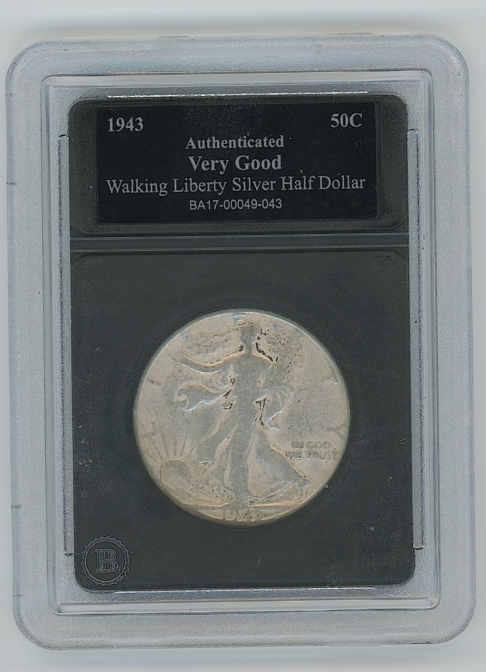 Authent. 1943 Walking Liberty Silver Half Dollar, graded as "Very Good": This lot is coming from the estate of a collector in West Palm Beach. We have included quality images to show it's actual condition. This lot is located in Boca Raton, Fl and its shipment will be made