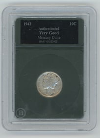 Athenticated 1942 Mercury Dime, graded as "Very Good"
