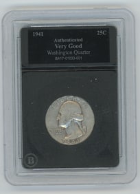 Authenticated 1941 Washington Quarter, Graded as "Very Good".