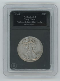 1943 Walking Liberty Half Dollar Coin, Authent, VG Condition.
