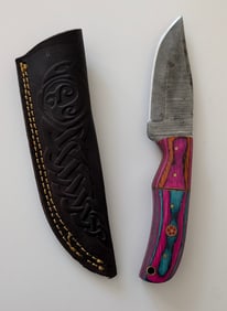 Handcrafted Heirloom Damascus Steel Knife with Leather Sheath OPP!