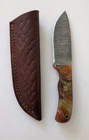 Handcrafted Heirloom Damascus Steel Knife with Leather Sheath OPP!