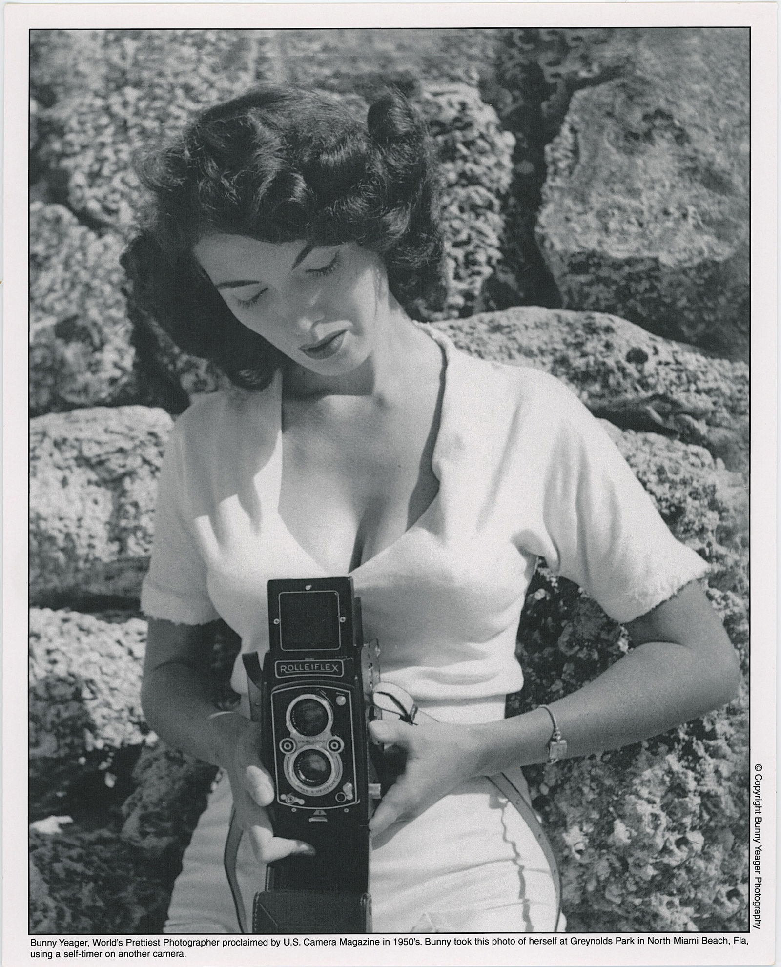 BUNNY YEAGER Vintage Pin Up Litho YEAGER WITH CAMERA: This lot is consigned by a collector in RI. The provenance is from Bunny Yeager's estate/archives. Linnea Eleanor "Bunny" Yeager (March 13, 1929 - May 24, 2014) was an American photographer and pin-up