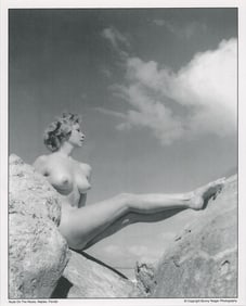 BUNNY YEAGER Vintage Pin Up Litho Model NUDE ON THE ROCKS