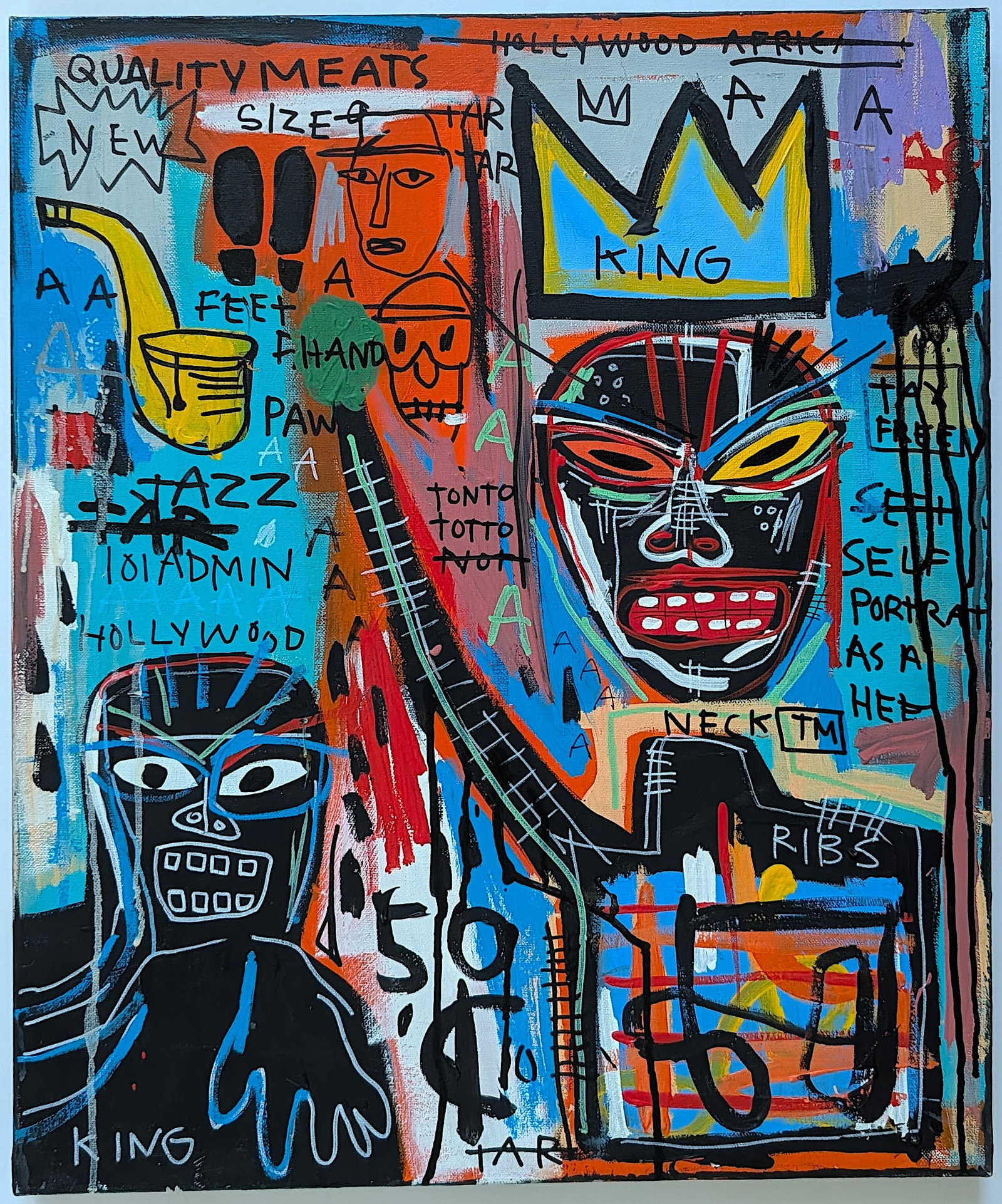 After JEAN-MICHEL BASQUIAT Oil on Canvas Painting dated 1984: ABOUT PROVENANCE AND ATTRIBUTION: This item originates from the estate of a prominent Miami-based dealer and collector active throughout the 20th century. It comprises a wide variety of artworks and e