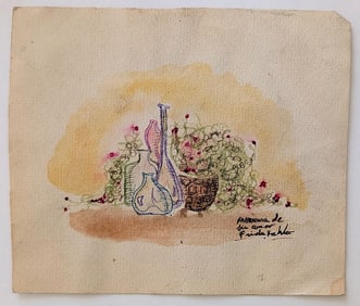 FRIDA KAHLO Hand Colored Drawing Still Life with Flowers