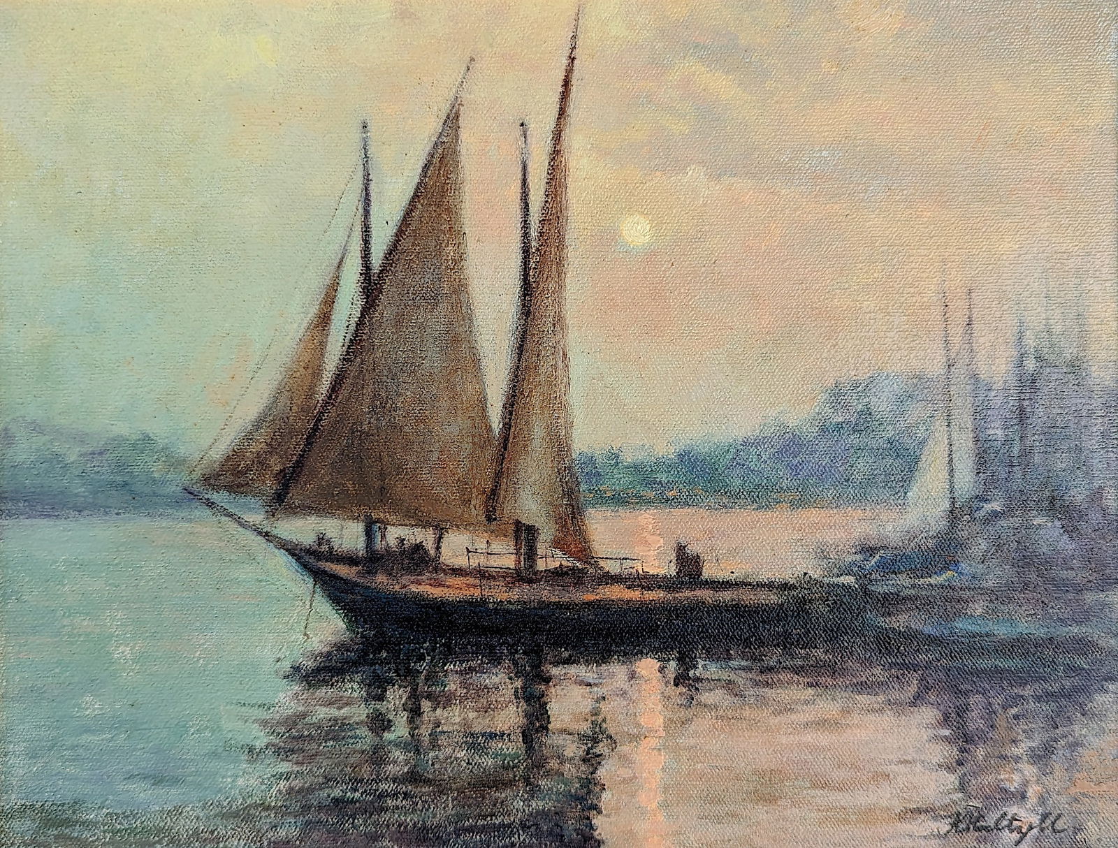 KAETHE HOELTZELL (1925-2013) Romantic View with Boats: ABOUT THE PROVENANCE: These paintings by great artist Kaethe Hoeltzell are from the estate of Michelle Hoeltzell. She met the son of Kaethe Neurosurgeon Dr. Perry Hoeltzell in 1991 and married in 2010