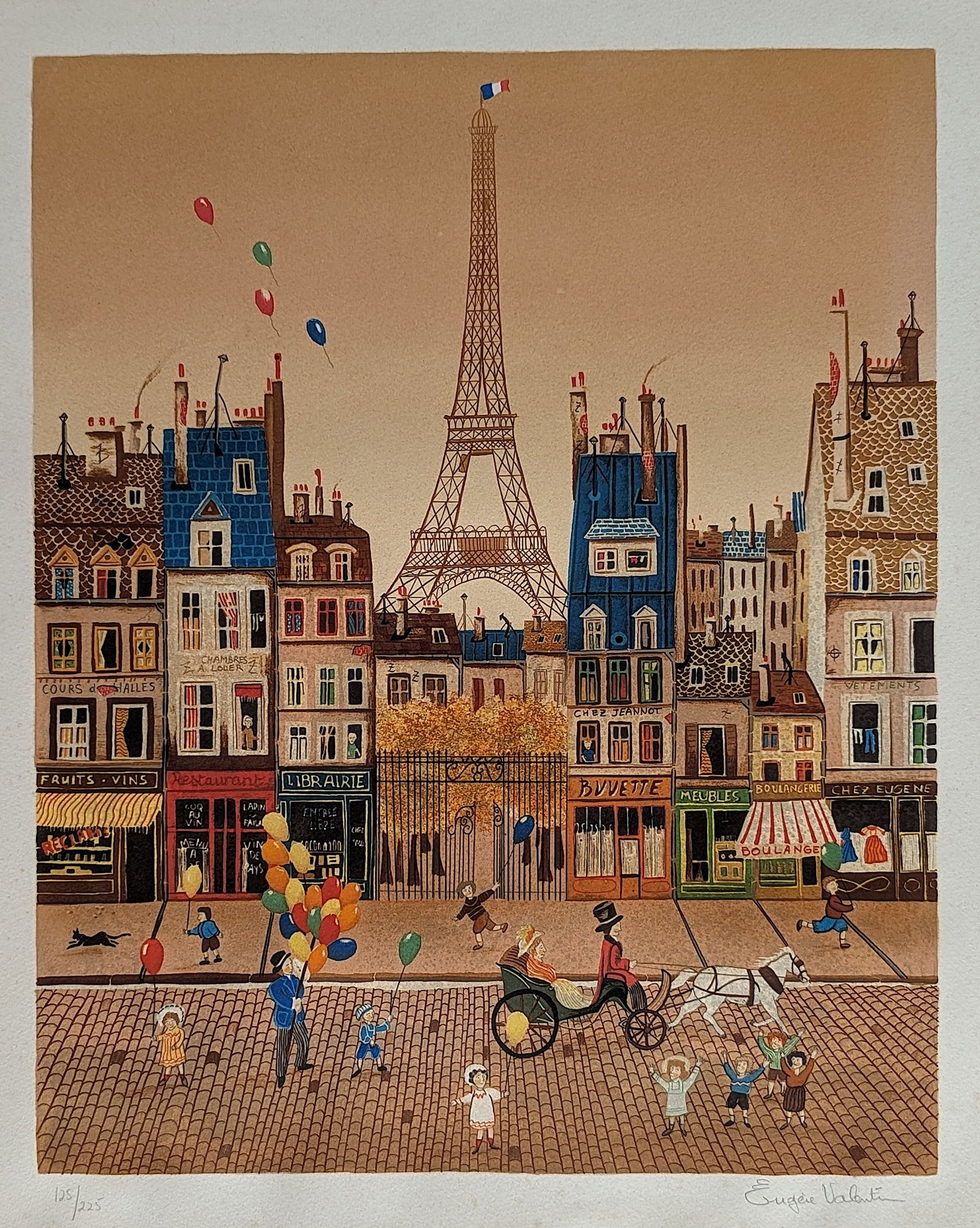 Original Lithograph EUGENE VALENTIN Paris Street, Signed 125/225: The dimensions are Approx.20" x 16" (Image) and 25.75" x 19.75" (Paper). The provenance of this lot is from a quality collector PBC. Please see all the included images to read all related information.