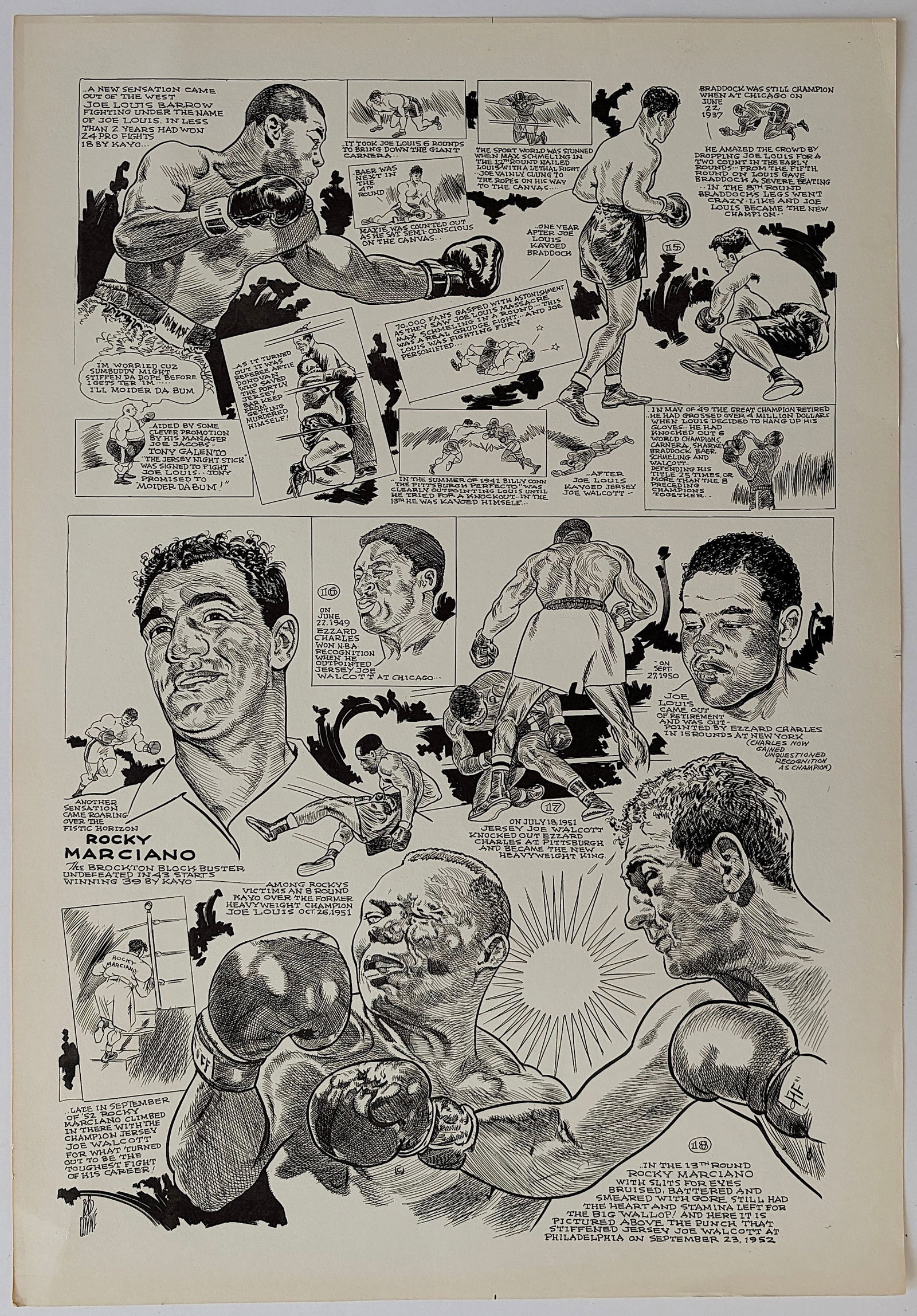 Vintage 1950s History of Heavyweight Boxing, Collage of Caricatures (1 of 2)