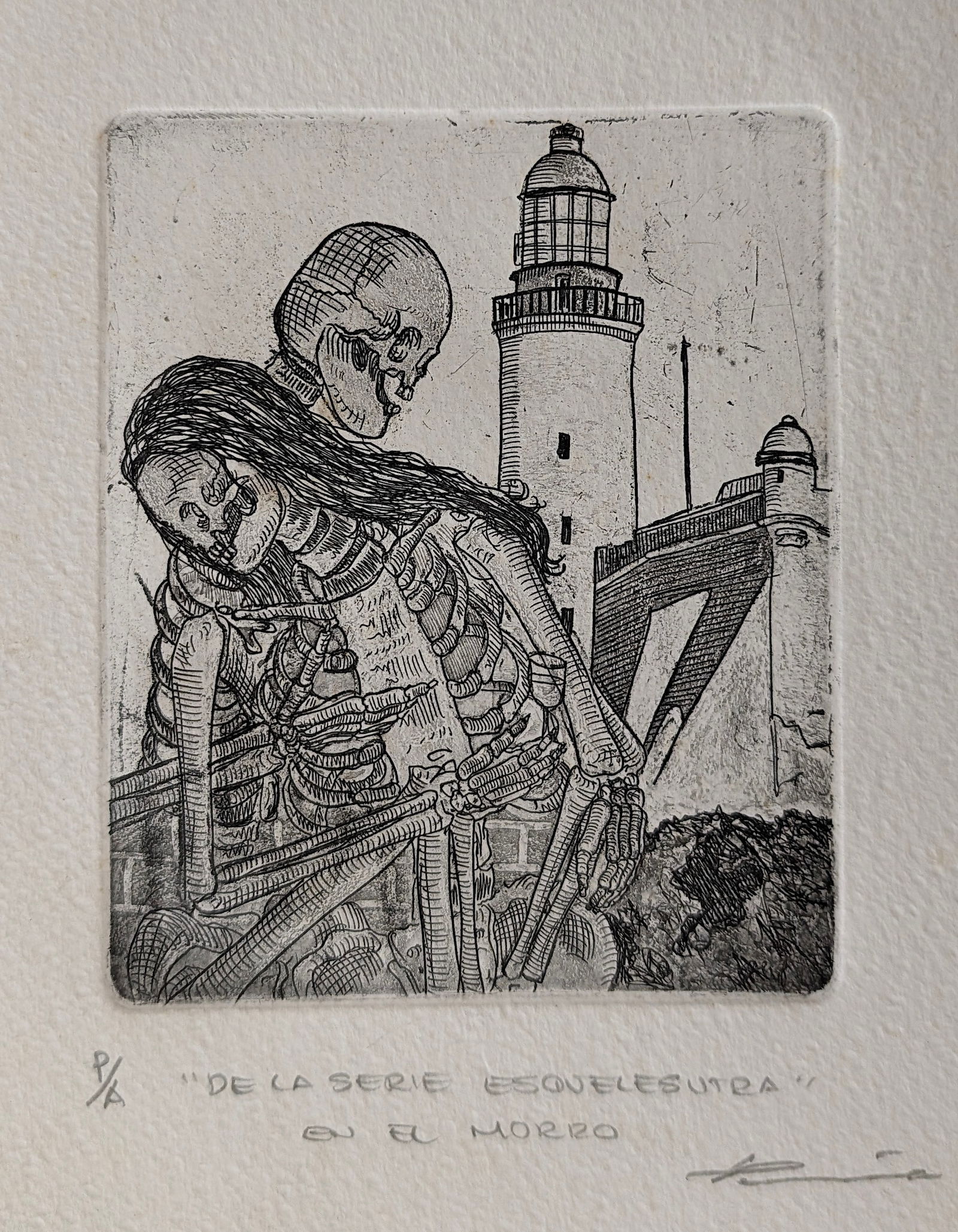 Vintage PENA PERALTA Mexican Etching Skeleton P/A Signed: This etching is by the Cuban artist Julio Cesar Peña Peralta. ABOUT PROVENANCE AND ATTRIBUTION: This item originates from the estate of a prominent Miami-based dealer and collector active throughout