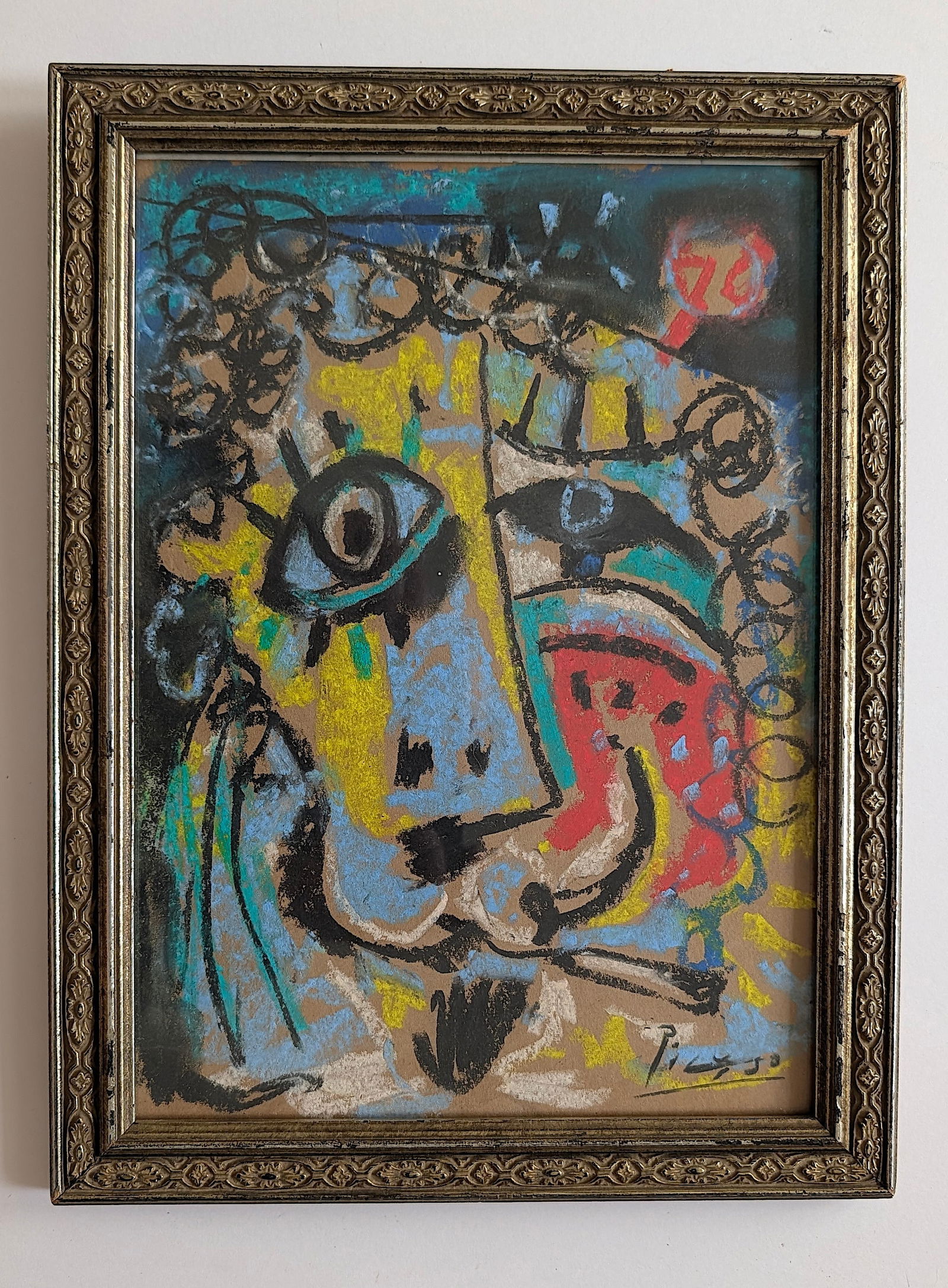 After PICASSO Vintage Abstract Portrait Pastel Drawing (Original Frame): ABOUT PROVENANCE AND ATTRIBUTION: This item originates from the estate of a prominent Miami-based dealer and collector active throughout the 20th century. It comprises a wide variety of artworks and e