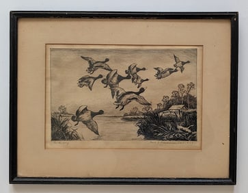 PAUL FREFERICK BERDANIER Vintage Etching "On The Wing" Original Frame