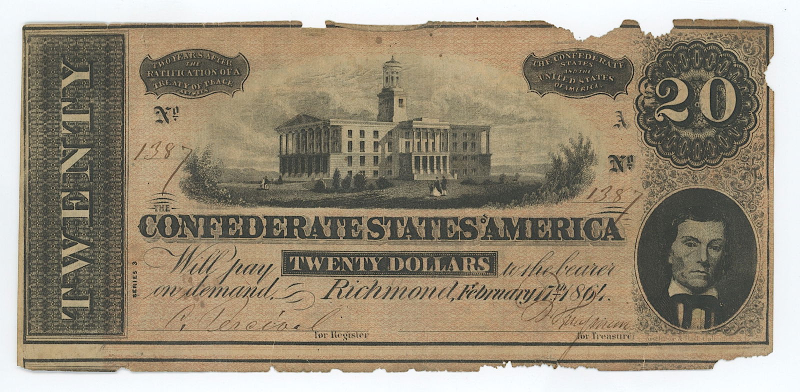 $20 Confederate States of America banknote 1864 Richmond Virginia (1 of 2)